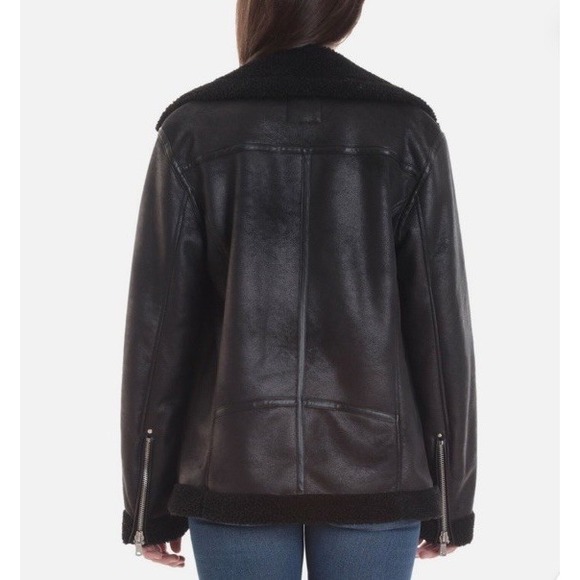 AVEC LES FILLES Shearling Moto Jacket Faux Vegan Leather Oversized Black Sz XS‎ - Picture 2 of 8